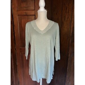 Womens J. Jill 3/4 Sleeve Top Crochet Lace Neckline Mint Green Small‎